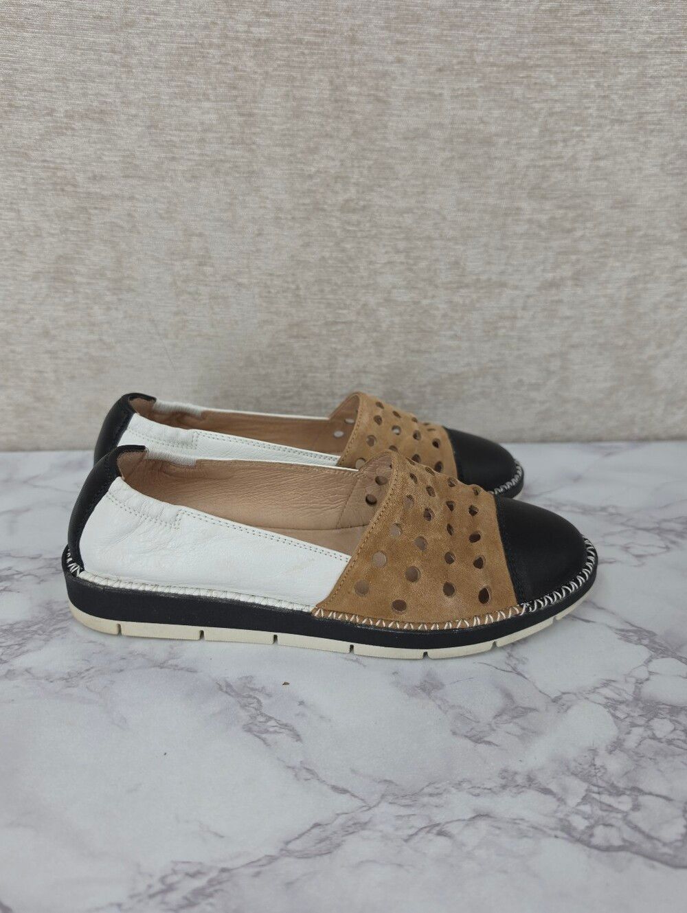 Hispanitas Tan Suede & White Leather Slip-On Flats with Black Toe